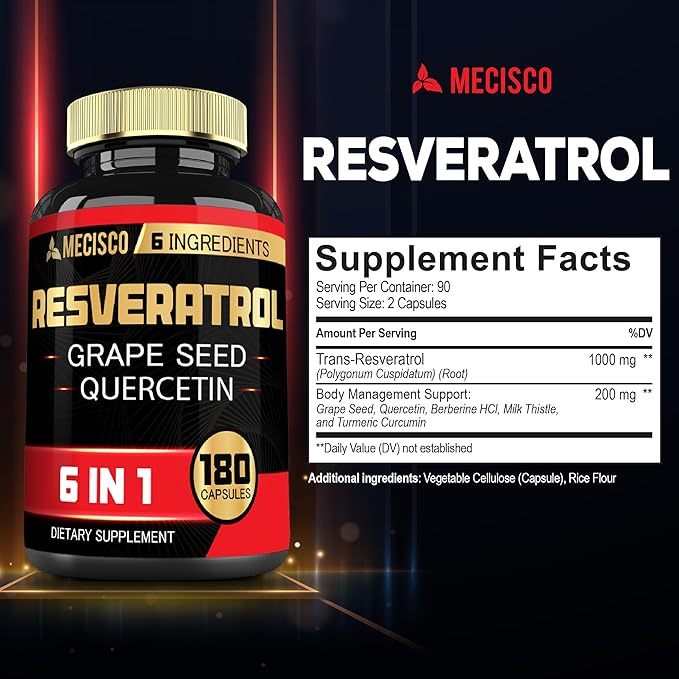 6in1 Trans Resveratrol Supplement with Grape Seed, Milk Thistle, and More - Resveratrol 1000mg - Supports for Immune System, Heart Health, Body Management - 180 Capsules