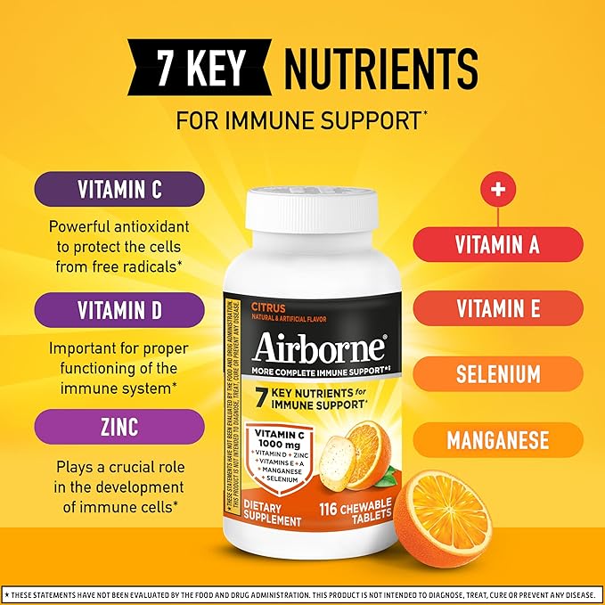 Airborne 1000mg Vitamin C + Zinc Immune Support Supplement Chewable Tablets, Citrus Flavor with Powerful Antioxidants Vitamins A C & E, 116 Chewable Tablets (2 Pack)