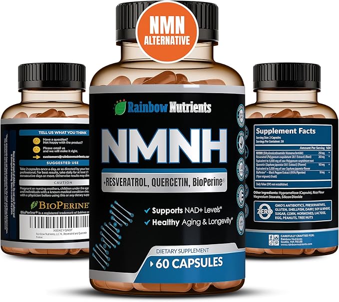 NMNH Supplement (NMN Alternative) NAD Booster for Anti-Aging, Cellular Energy & Nice Skin- Dihydronicotinamide mononucleotide, Resveratrol, Quercetin & BioPerine® for Max Absorption- 60 caps