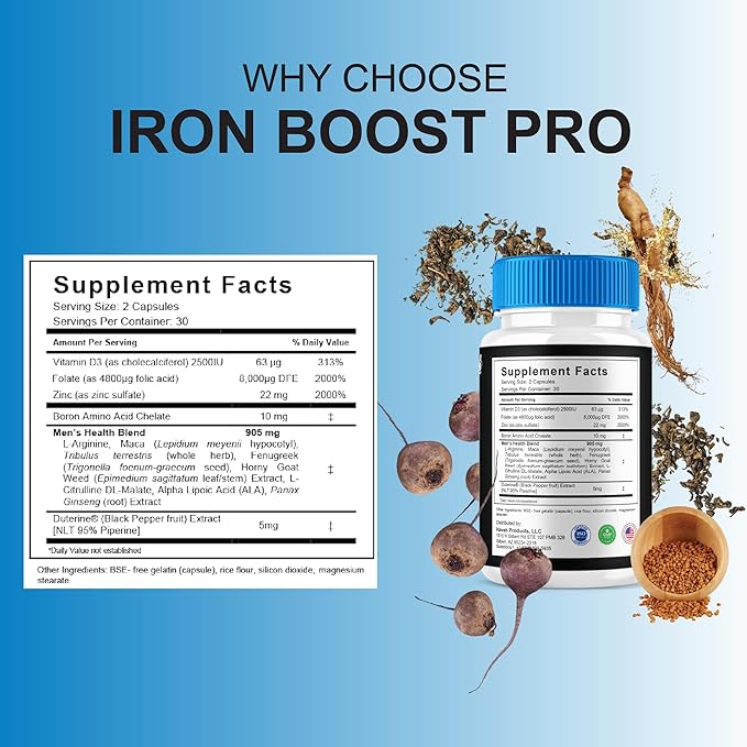 Iron Boost Pro Premium Supplement Capsules, Iron Boost Advanced Health Supplement Pills, Iron Boost Premium Daily Advanced Health Support and Overall Wellness Formula by Blue Vibe (60 Capsules)