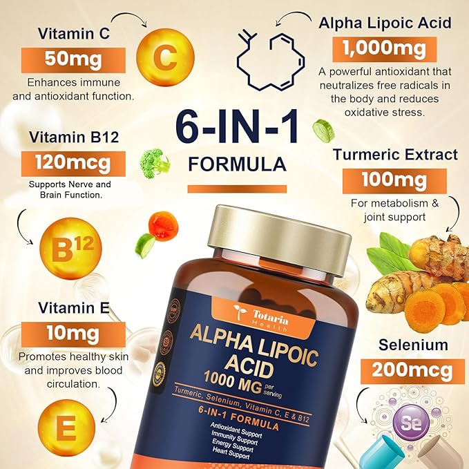 Totaria Alpha Lipoic Acid 1000mg+600mg - ALA Supplement Antioxidant for Neuropathy Support Nerve Health