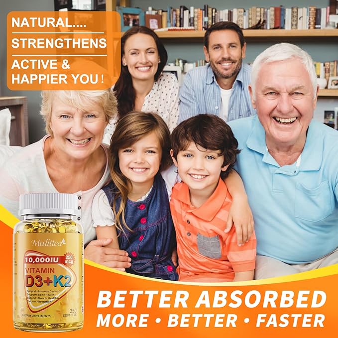 Plant-Based D3 K2 Vitamin 10000 IU w/ Virgin Coconut MCT Oil - 200 mcg MK7 Vitamin K2, Non-GMO for Ultimate Absorption - Bone, Immune & Heart Health - Easy to Swallow D & K Supplement - 250 Softgels