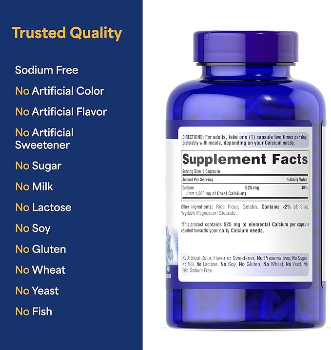 Puritan's Pride Triple Strength Coral Calcium 1500mg with Bone-Active™, Dietary Supplement for Heart, Nerve, and Muscle Support, 2 Month Supply, 120 Rapid Release Capsules