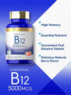 Carlyle B12 Vitamin 5000 mcg Sublingual | 250 Fast Dissolve Tablets | High Potency | Natural Berry Flavor | Vegetarian, Non-GMO & Gluten Free