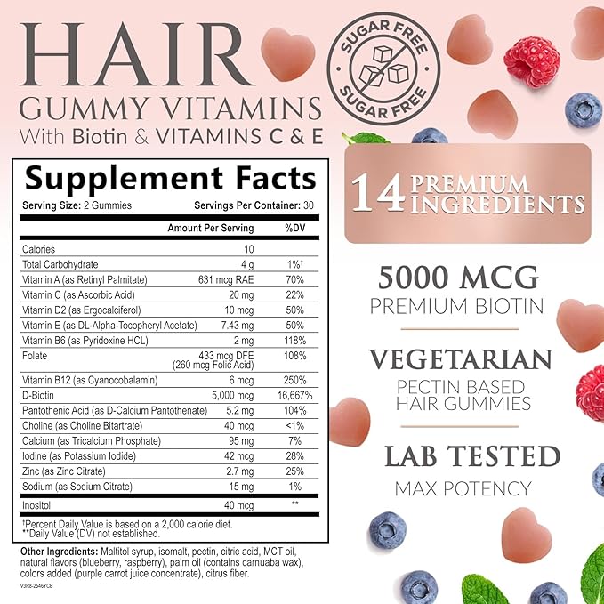 Hair Vitamins Gummies - Sugar Free Hair Growth Support Gummy with Biotin 5000 mcg Per Serving, Vitamin A, B12, C, D, E, Folic Acid - Supports Strong Beautiful Hair and Nails, Vegetarian - 60 Gummies