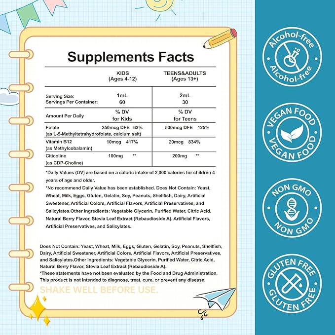 Liposomal L-Methylfolate 5-MTHF Liquid for Kids & Teens – High Absorption Methylated Folate with Citicoline & Methyl B12 – Supports Focus, Clarity & Cognitive Development – Sugar-Free Berry – 2 fl oz