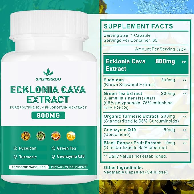 Spliferikou Ecklonia Cava Extract, 800mg, 120 Veggie Capsules with Fucoidan, Green Tea, Turmeric, CoQ10, Dietary Supplement