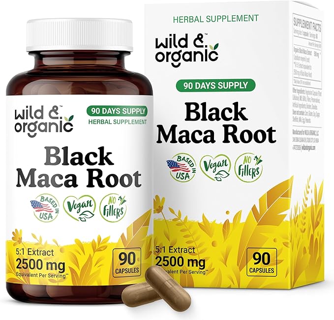 Wild & Organic Black Maca Root Capsules for Men & Women 500 mg - Maca Root Extract for Overall Support - 90 Vegan Capsules - Women & Men Supplement - 90 Days Supply - Non-GMO, No Fillers, Gluten-Free