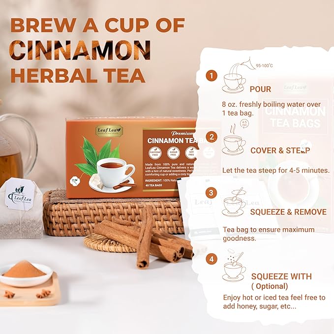 LeafLea 40 Cinnamon Tea Bags, 100% Natural Ground Cinnamon Stick Herbal Tea, Spiced and Warming Flavor for Relaxation, Caffeine-Free, Sugar-Free, Non-GMO, Vegan