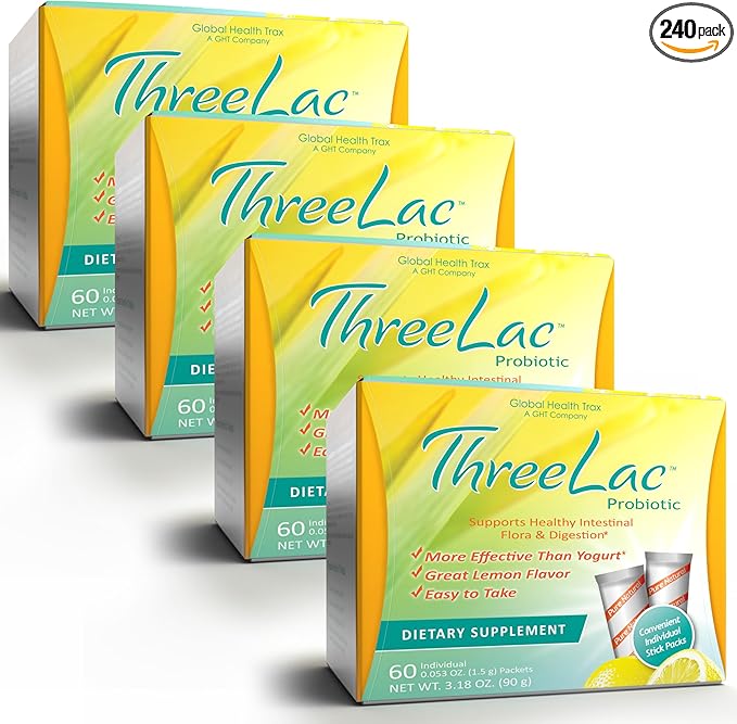 GHT - ThreeLac Lemon Probiotic Drink Mix for Digestive Health - Advanced Probiotic Powder Formula for Men, Women, and Kids - Immune Support & Gut Balance, Non-GMO - 240 Packets