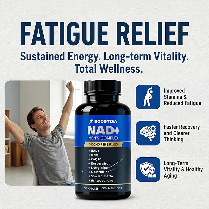 Boostiva NAD+ Supplements for Men, with Resveratrol, CoQ10, L Citrulline and Lycopene, Anti-Aging, Stamina, 60capsules