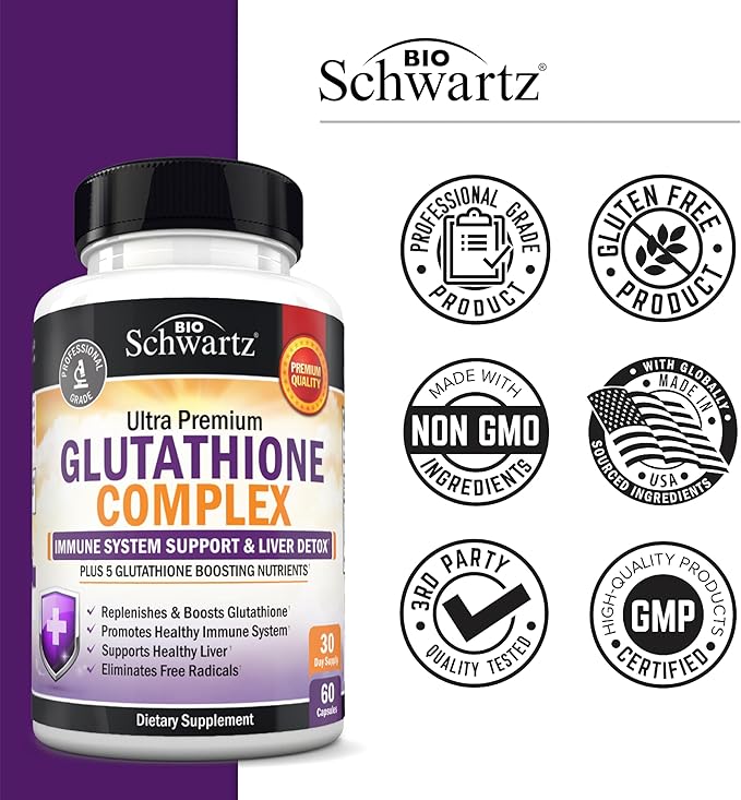 BioSchwartz Glutathione Supplement 500mg - Liver Detox with Quercetin, Vitamin C, Milk Thistle, Alpha Lipoic Acid - Immune Support Pill - Enhanced Immunity Defense Health Formula - 60 Capsules