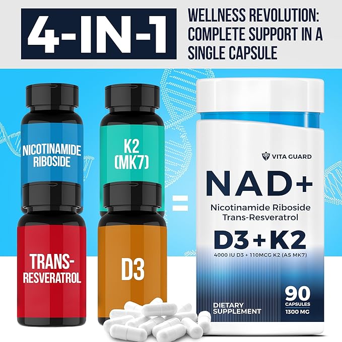 Anti-Aging Energy NAD Supplement – NMN Alternative with Nicotinamide Riboside 1000mg, Trans-Resveratrol 300mg, Vitamin D3 4000 IU and K2 110 mcg MK7 – Vegetarian 60 Capsules, 1300mg