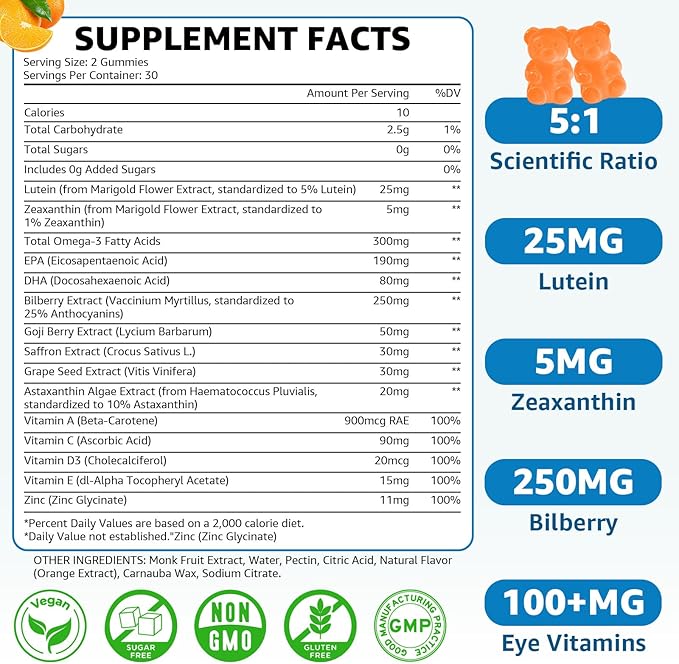 Sugar Free Lutein Gummies 25mg, Lutein and Zeaxanthin Supplements for Eye Health, 13-in-1 Eye Care Formula with Omega-3 Bilberry Saffron-Vision Health, Eye Strain, Dry Eyes,Vegan Orange Flavor 120 Cts