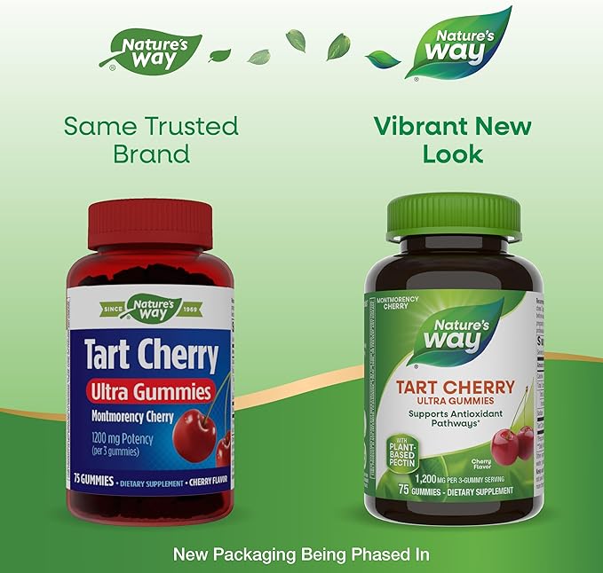 Nature's Way Tart Cherry Ultra Gummies, Antioxidant Support from Anthocyanins*, 1,200 mg per 3-Gummy Serving, Cherry Flavored, Gluten Free, Vegetarian, 75 Count (Packaging May Vary)