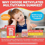 Kids Multivitamin Gummies + Calcium, Probiotics, Vitamin D3, C, Methylated B12 & Methylfolate, B6, A, K2, E, Zinc, Prebiotics for Children Ages 4+, Clean & Sugar Free, for Nutritional Support, 60 Cts