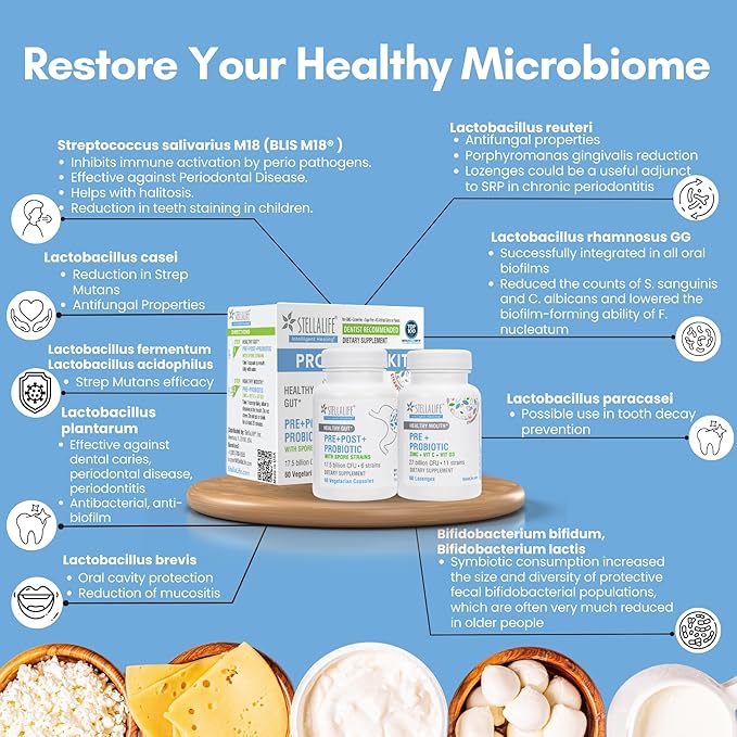 StellaLife Probiotics Oral & Gut Prebiotics Post Probiotics Kit: 44.5B CFU, 11 Oral & 6 Gut Spore strains for Digestive & Dental Health, Bad Breath Treatment, Tongue Hygiene, Strawberry Flavor, 60-day
