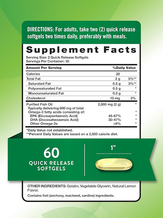 Nature's Truth Fish Oil Omega 3 Supplement | 2000mg | 60 Softgels | EPA & DHA | Lemon Flavor | Non-GMO and Gluten Free