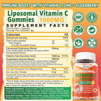 Liposomal Vitamin C 1000mg Gummies for Adults - Vitamin C Chewable with Elderberry, Zinc & 8mg Iron, Sugar Free Vit C Supplements, Daily Immune Support Gummies for Energy, Collagen Booster, 120 Counts