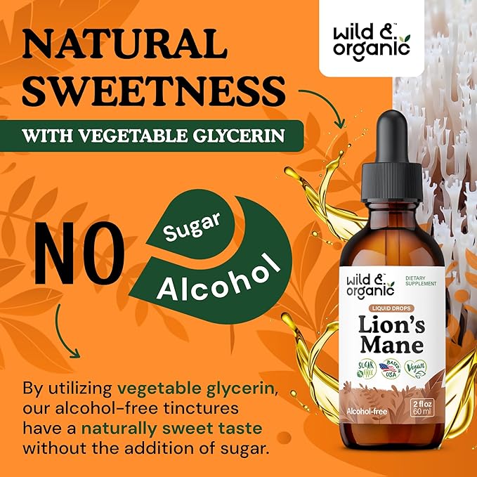 Wild & Organic Lions Mane Liquid Drops - Focus & Brain Support - Lions Mane Supplement - Hericium Erinaceus Mushroom Extract Tincture - Mix with Powder & Add to Tea - Alcohol & Sugar-Free - 2 fl oz