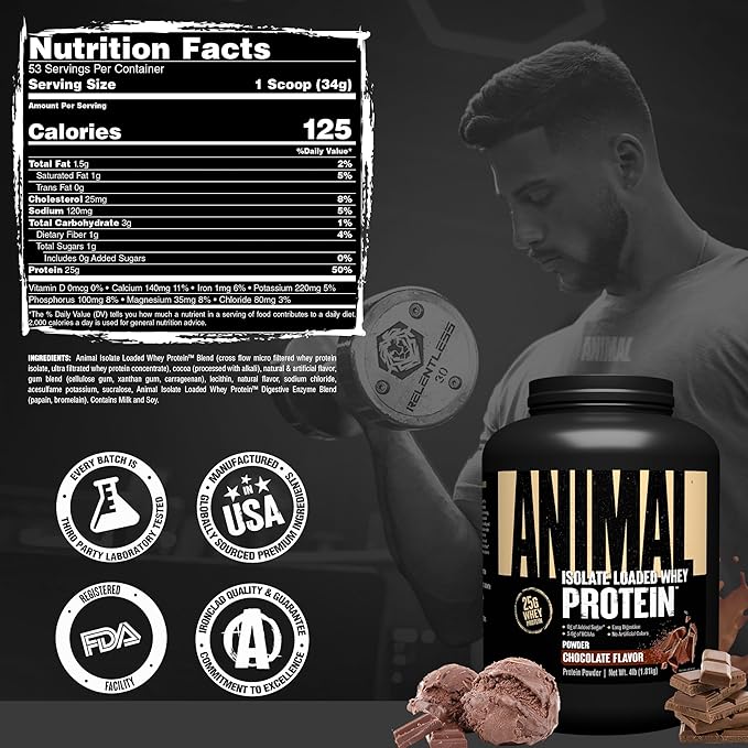 Animal Whey Isolate Protein Powder - Loaded for Pre & Post Workout Muscle Builder and Recovery with Digestive Enzymes for Men & Women - 25g Protein, Great Taste, Low Sugar - Chocolate 4 lbs