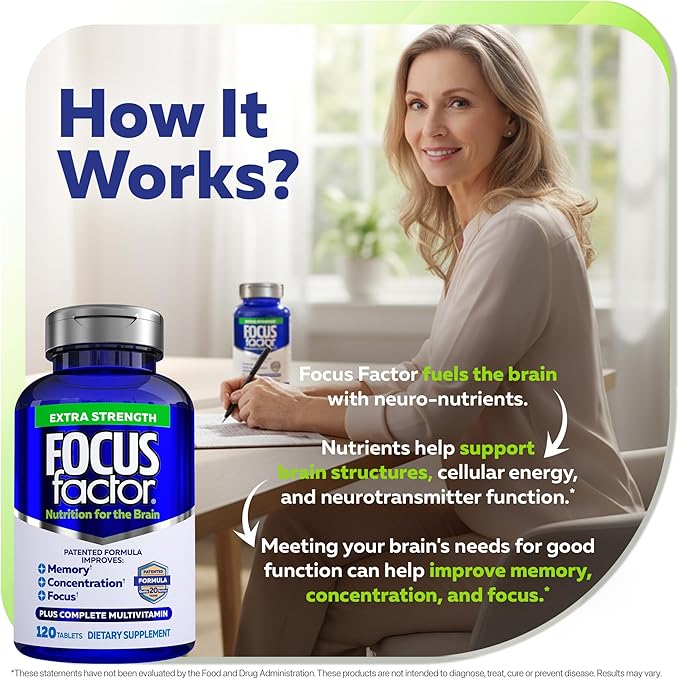 Focus Factor Adults Extra Strength, 120 Count - Brain Supplement for Memory, Concentration and Focus - Complete Multivitamin with DMAE, Vitamin D, DHA - Trusted Health Vitamins (Pack of 2)
