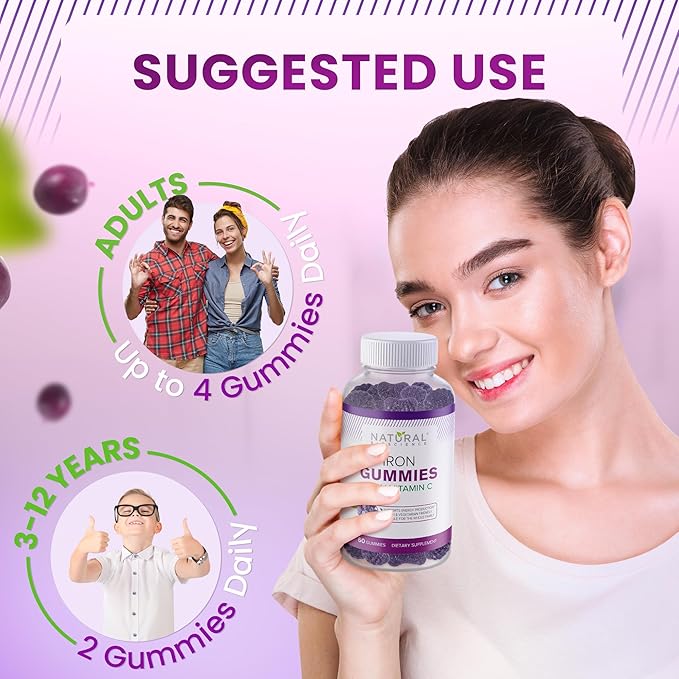 Iron Gummies with Vitamin C - Iron Deficiency Anemia Supplement for Adults & Kids, Chewable, Red Blood Cell Support, Energy, Immune Function, Brain Health, Max Absorption, 120 Vegan Gummies