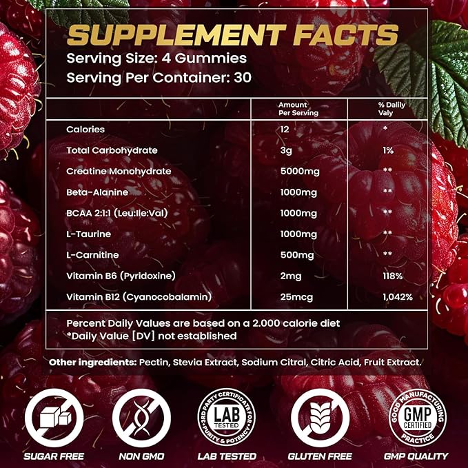 KUKALY Creatine Monohydrate Gummies for Men & Women, 9000MG Creatine Gummies Sugar Free with L-Taurine, BCAA 2:1, B12 B6 for Boost Strength, Focus & Endurance, Vegan, Non-GMO, Raspberry 120*2 Bottle