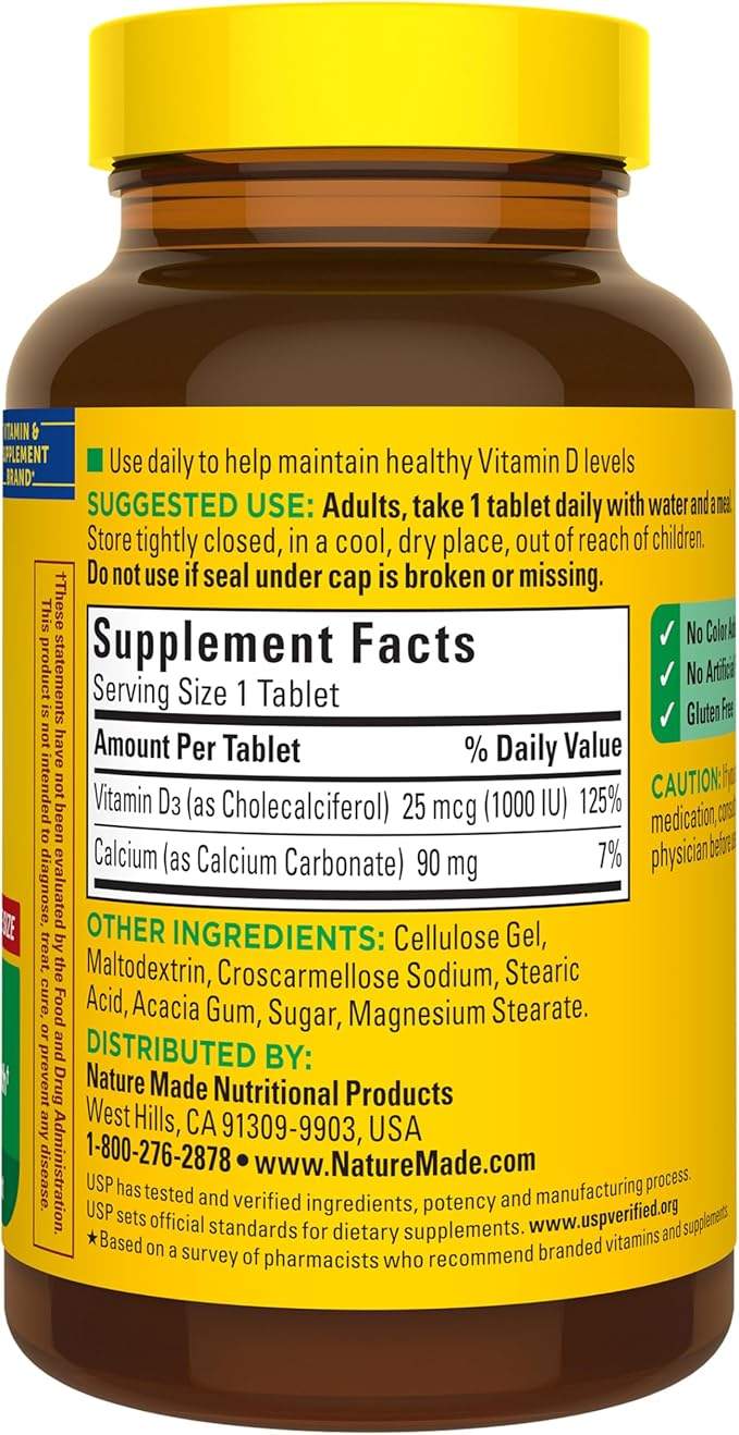 Nature Made Vitamin D3 1000 IU (25 mcg), Vitamin D Supplement for Bone, Teeth, Muscle and Immune Health Support, 300 Tablets, 300 Day Supply