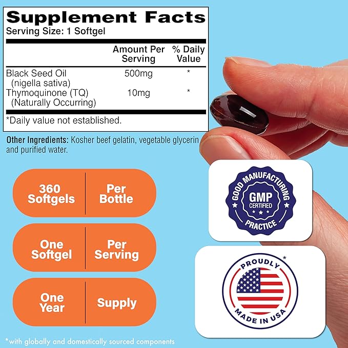 Health Thru Nutrition Black Seed Oil 500mg 360 Softgels | High Potency 2% Thymoquinone | 3rd Party Tested | Pure Cold Pressed | Organically Grown | Non-GMO, Gluten Free, Soy Free