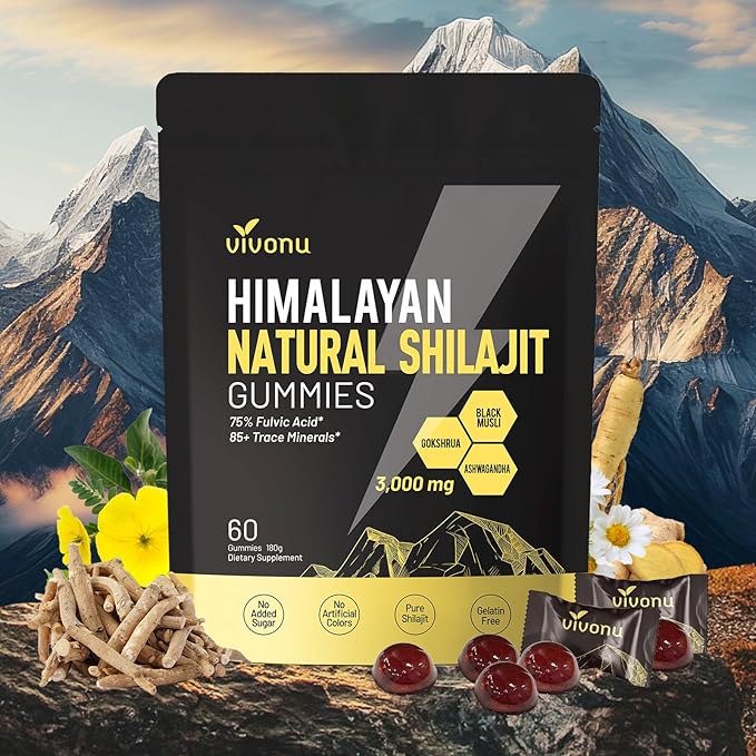 VivoNu Himalayan* Shilajit* Gummies with Ashwagandha* & Gokshura | 85+ Trace Minerals & Fulvic Acid | Organic, Micronutrient Supplement for Men & Women (3000mg / 1 Bag)