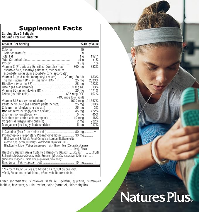 NaturesPlus Hema-Plex Iron - 60 Fast-Acting Softgels - 85 mg Iron + Vitamin C & Bioflavonoids for Healthy Red Blood Cells - Gluten Free - 20 Servings
