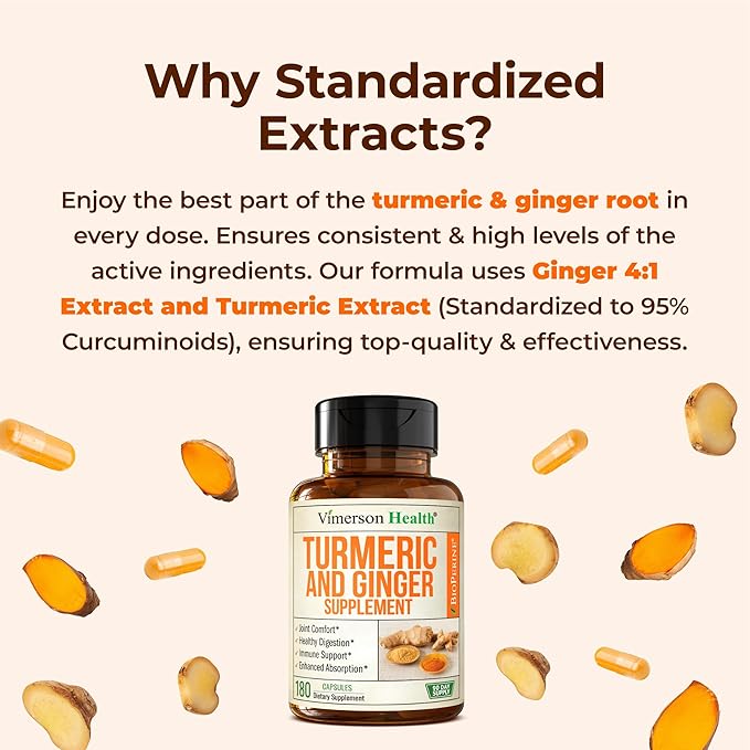 Turmeric Curcumin Supplement with Ginger Root for Joint Support, Digestive & Gut Health - Contains Organic Turmeric Curcumin with Black Pepper (Bioperine) for Enhanced Absorption - 180 Capsules
