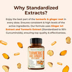 Turmeric Curcumin Supplement with Ginger Root for Joint Support, Digestive & Gut Health - Contains Organic Turmeric Curcumin with Black Pepper (Bioperine) for Enhanced Absorption - 180 Capsules