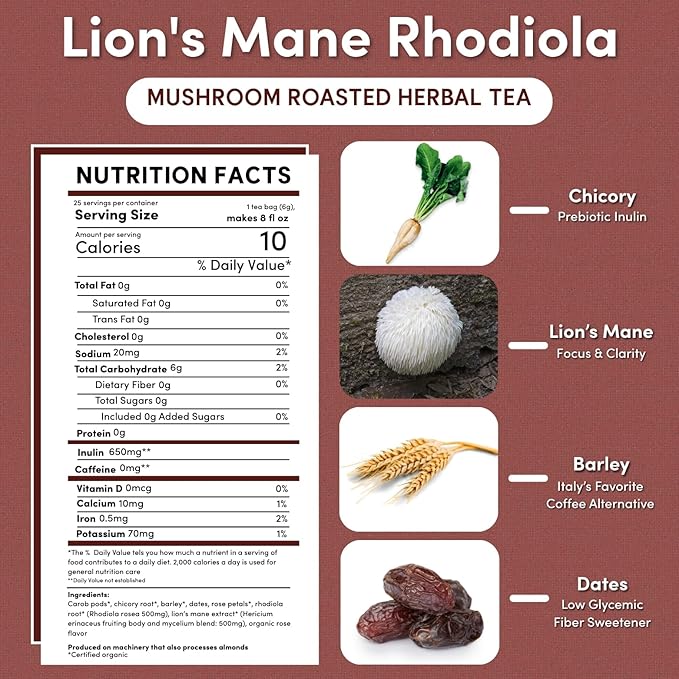 Teeccino Lion’s Mane Rhodiola Tea - Rose - 25 TeaBags Caffeine-Free Mushroom Adaptogenic Herbal Tea, 3x More Herbs than Regular Tea Bags, Lightly Sweet from Dates & Figs, Chicory Prebiotic - (Pack of 3)