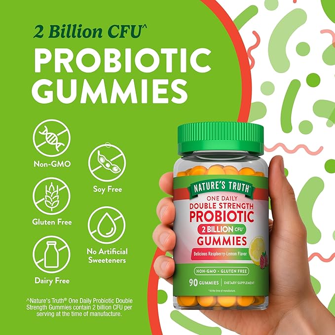 Nature's Truth Daily Probiotic Gummies | 2 Billion CFU | 90 Count | Raspberry Lemon Flavor | Non-GMO & Gluten Free Supplement