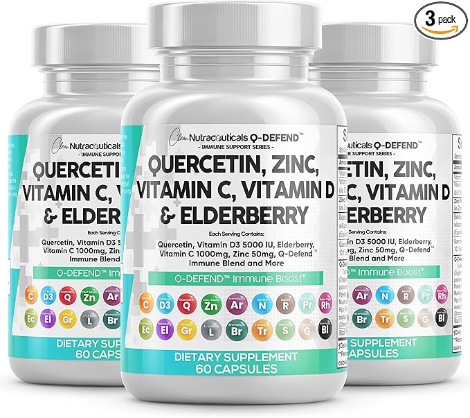 Q Defend Quercetin Supplement with Zinc Vitamin C Vitamin D Elderberry Turmeric Black Pepper Garlic Ginger Sea Moss Lysine Stinging Nettle Reishi Immune Support 60 Capsules Pack of 3 by Clean Nutra