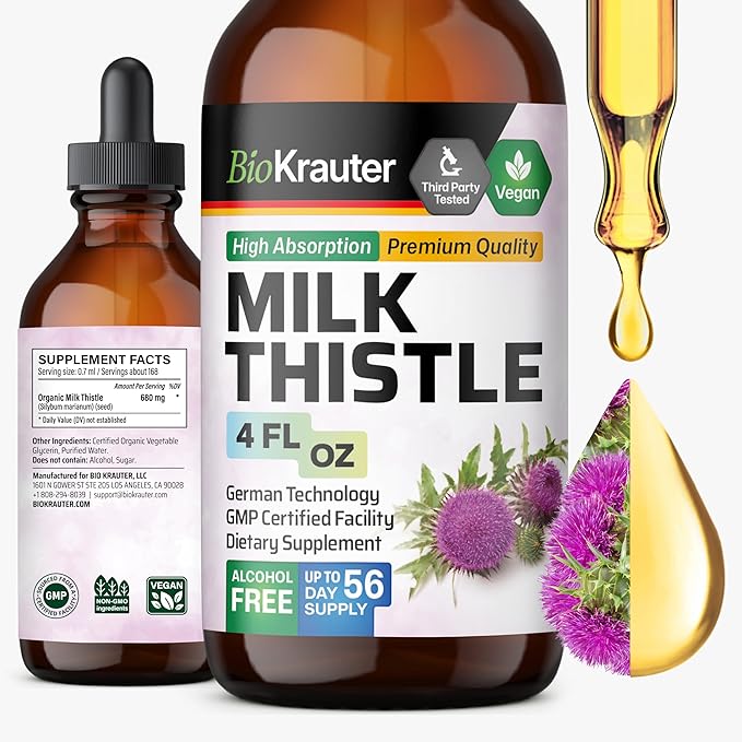BIO KRAUTER® Milk Thistle Supplement - Liquid Pure Vegan Milk Thistle Extract 680 mg per Serving 4 Fl.Oz 56 Days of Supply - Liver Cleanse & Detox, Сontains Silymarin - Alcohol & Sugar Free