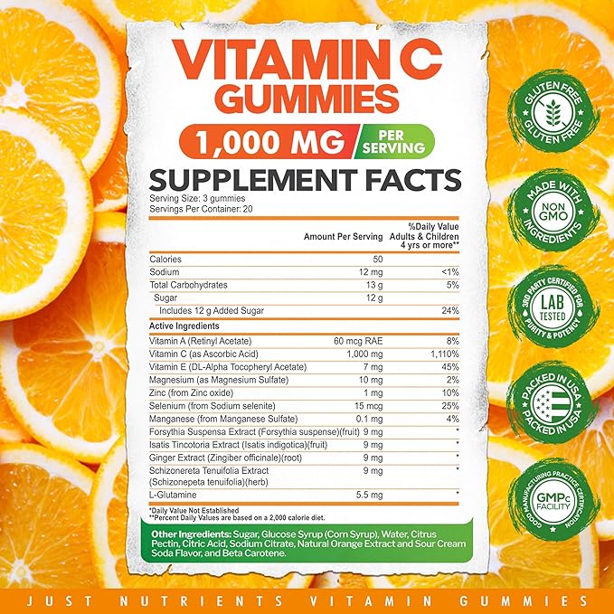 Vitamin C Gummies 1000mg – Chewable Multivitamin for Adults & Kids with Zinc for Immune & Collagen Support – Maximum Strength, Natural Orange Flavor – Gluten Free, Non-GMO, Vegetarian – 60 Gummies