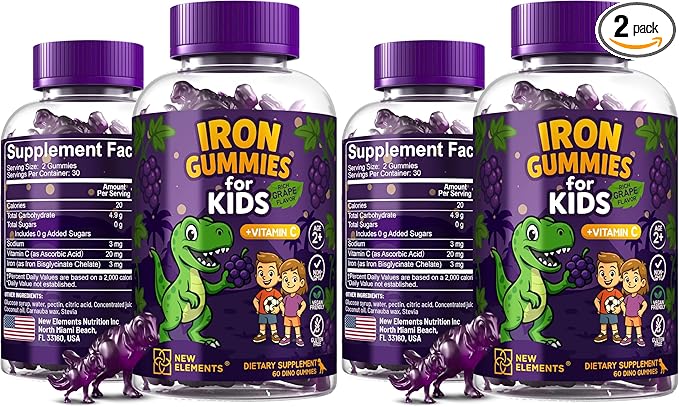 Iron Dinosaur Gummies for Kids with Vitamin C | Sugar-Free, Vegan, Gluten-Free & Non-GMO | Anemia Relief, Energy & Blood Health Support | Grape Flavor, Pectin-Based for Optimal Health (Pack of 2)