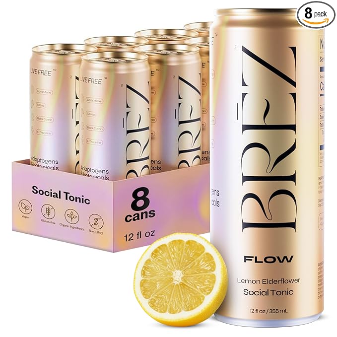 BRĒZ FLOW Lion’s Mane Mushroom Drink 8 Pack, Lemon Elderflower, Supports Mood & Focus, Non-Alcoholic Sparkling Adaptogen Drink, Functional Mushrooms, Feel Clear, Calm & Refreshed- 12 Fl oz Cans