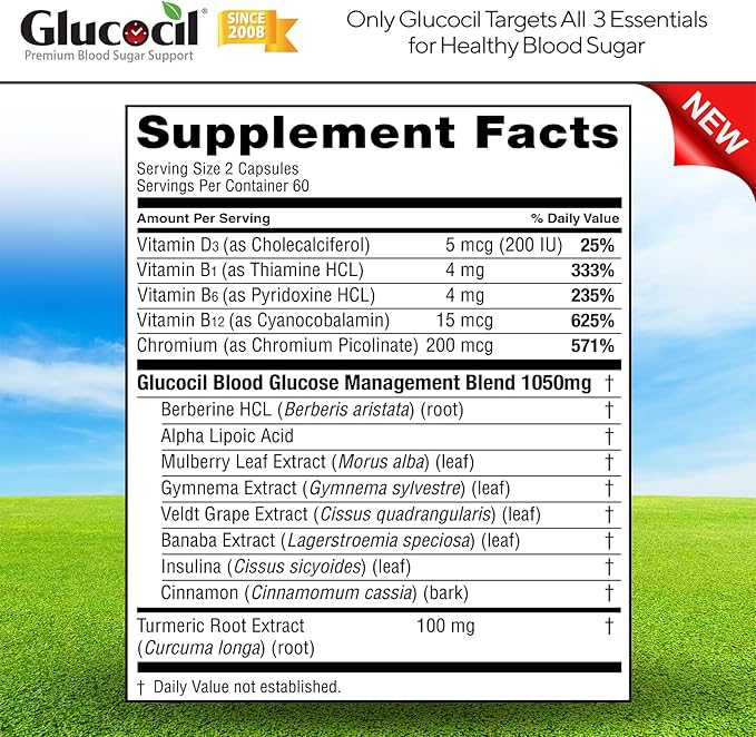 Glucocil – Vegetarian Capsules - Premium Blood Sugar Support - Supports the 3 Essentials for Healthy Blood Sugar - with Berberine, Proprietary Mulberry Leaf, and More