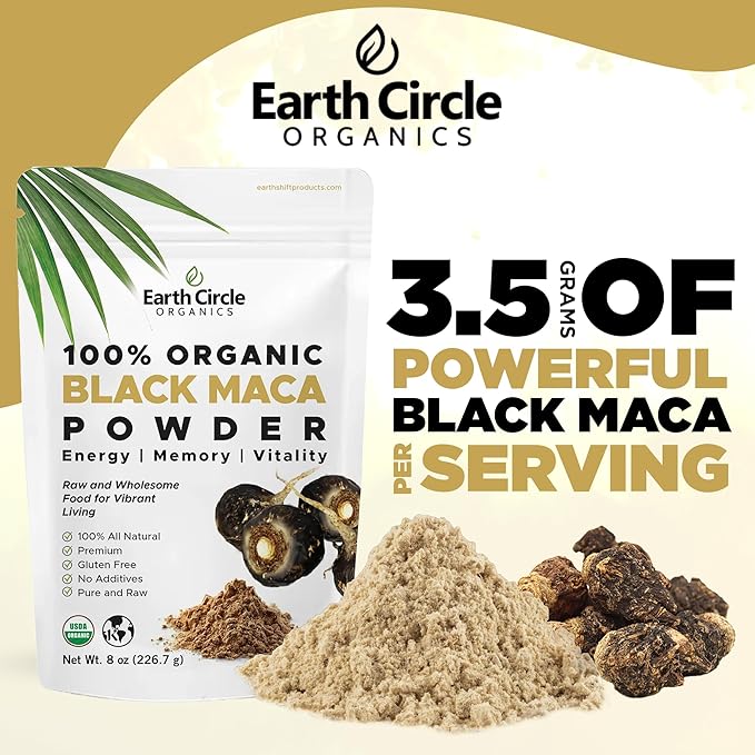 Earth Circle Organics Organic Black Maca Peruvian Root Powder, Black Maca Root for Men, Natural Supplement, Essential Vitamins, Minerals & Fatty Acids Improved Energy, Immune Support (8oz, Pack of 3)