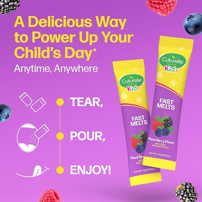 Culturelle® Kids Complete Probiotics Fast Melts Mixed Berry Flavor 30 Count Sugar Free‡ Prebiotic + Probiotic Powder for Digestive and Immune Health, Supports Daily Regularity *