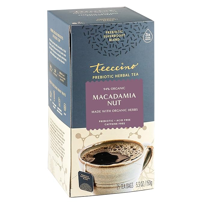 Teeccino Macadamia Nut - Prebiotic SuperBoost™ Herbal Tea - 25 Tea Bags - Support Your Probiotics with Vegan GOS & Organic XOS For Good Gut Health - Digestive Dessert Tea
