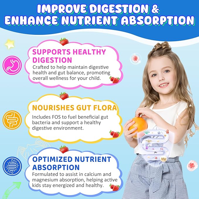 Kids Calcium Gummies + D3 & Magnesium for 4+, with Calcium Citrate Calcium Gluconate, Calcium Lactate,Probiotics & Prebiotics for Children Bone Health,Muscle Support,Digestive Health,Sugar Free 120Cts