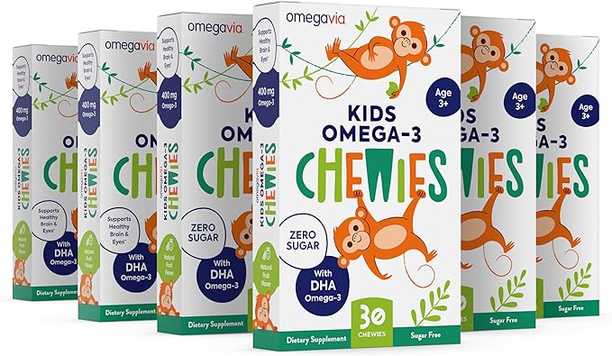 Omega 3 Chewies - Ultra-High DHA Chewables for Kids Supports Brain & Eye Health - Sugar-Free Natural Fruit Flavor - Kids Omega 3 Fish Oil Chewies (6 Pack)