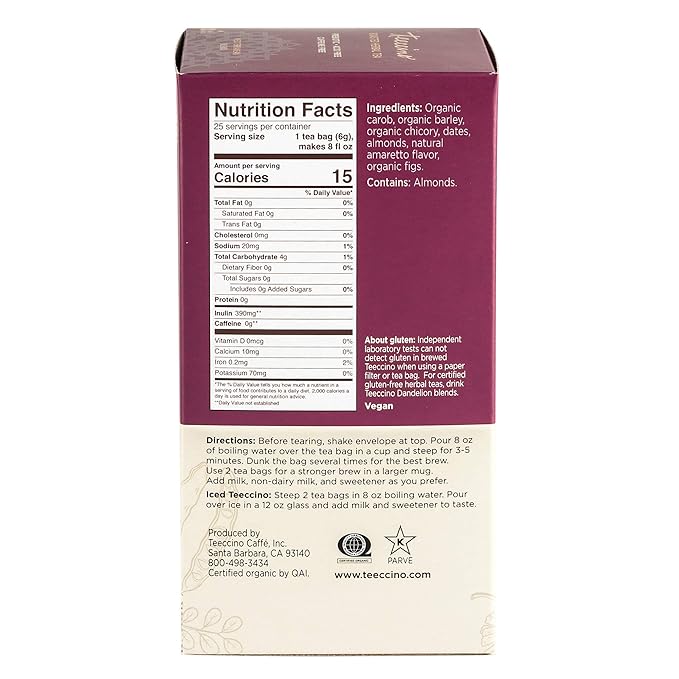 Teeccino Herbal Tea - Almond Amaretto - Rich & Roasted Herbal Tea That's Caffeine Free & Prebiotic for Natural Energy, 25 Tea Bags