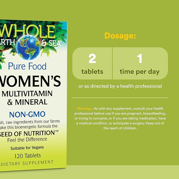 Natural Factors Whole Earth & Sea Women's Multivitamin & Mineral - Daily Whole Food Supplement with Iron, Vitamin C & More - Vegan, Non-GMO & Gluten-Free - 120 Tablets (60 Servings)