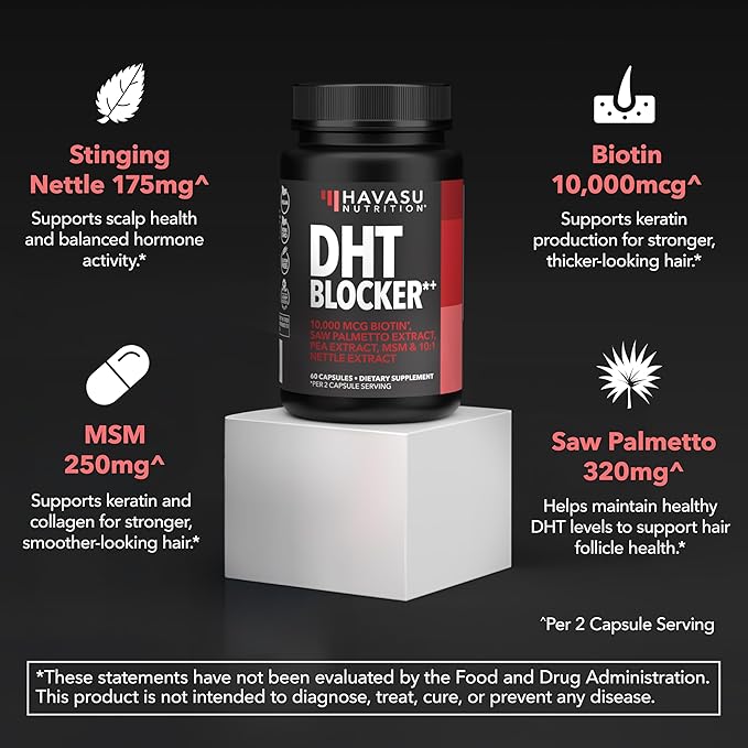 DHT Blocker for Men with Biotin 10000mcg Per Serving, Saw Palmetto Extract & MSM - Supports Normal Healthy Hair Growth - With Pea Extract & Stinging Nettle - Vegan, Non-GMO, Gluten Free - 30 Servings